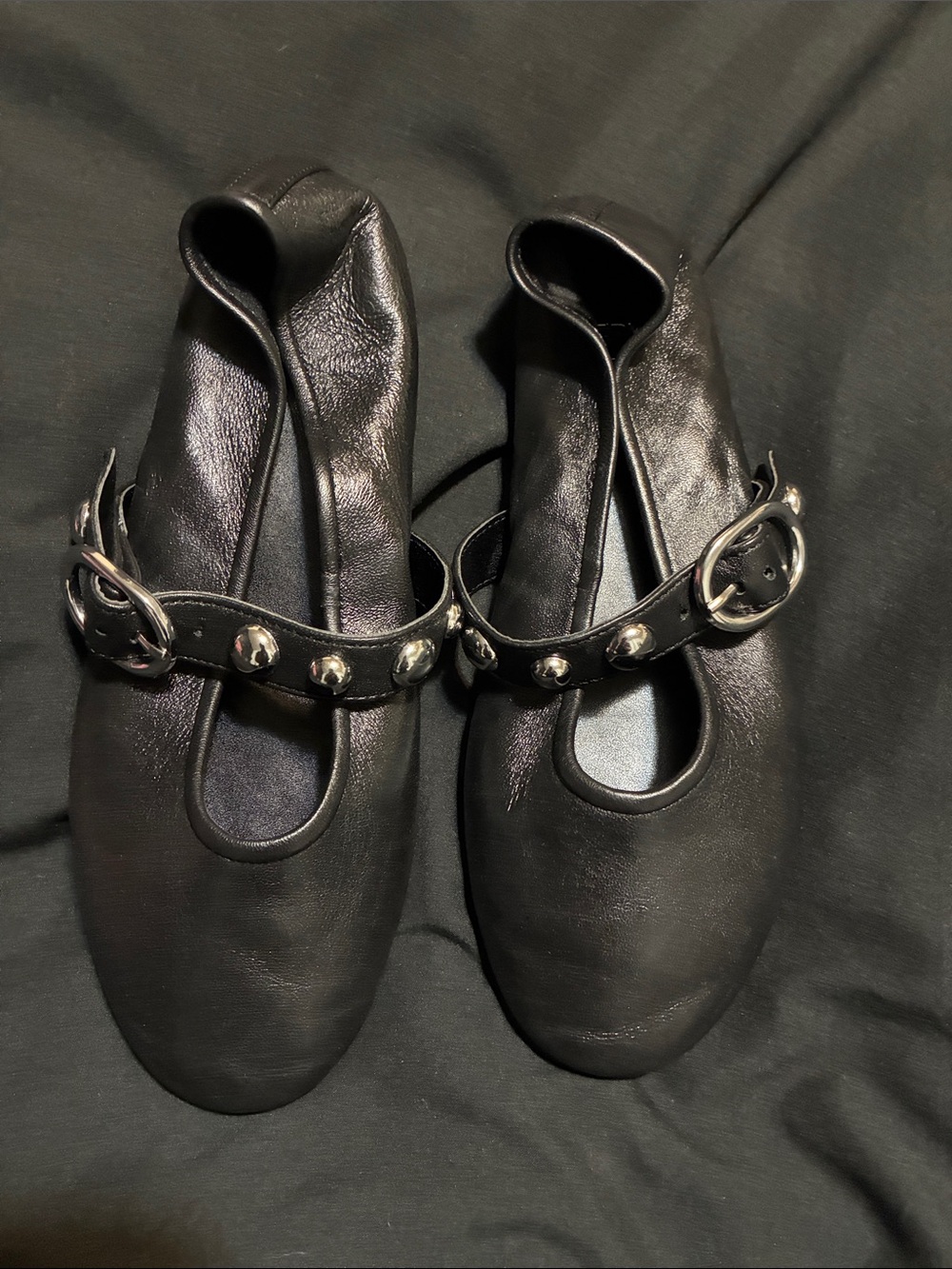 Zara Black Leather Mary Jane Flats with Studded Buckle Strap